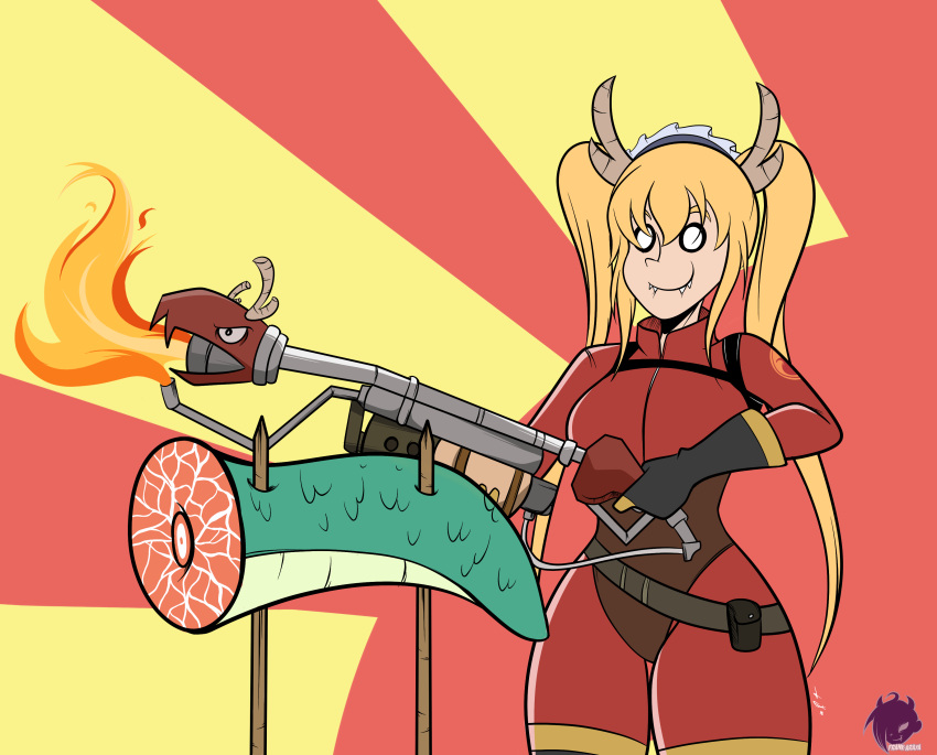 absurdres blonde_hair cosplay crossover dragon dragon_girl dragon_horns dragon_tail fangs fire flamethrower frank_araya gloves gradient_hair highres horns kobayashi-san_chi_no_maidragon long_hair maid_headdress multicolored_hair orange_hair tail team_fortress_2 the_pyro the_pyro_(cosplay) tooru_(maidragon) twintails weapon