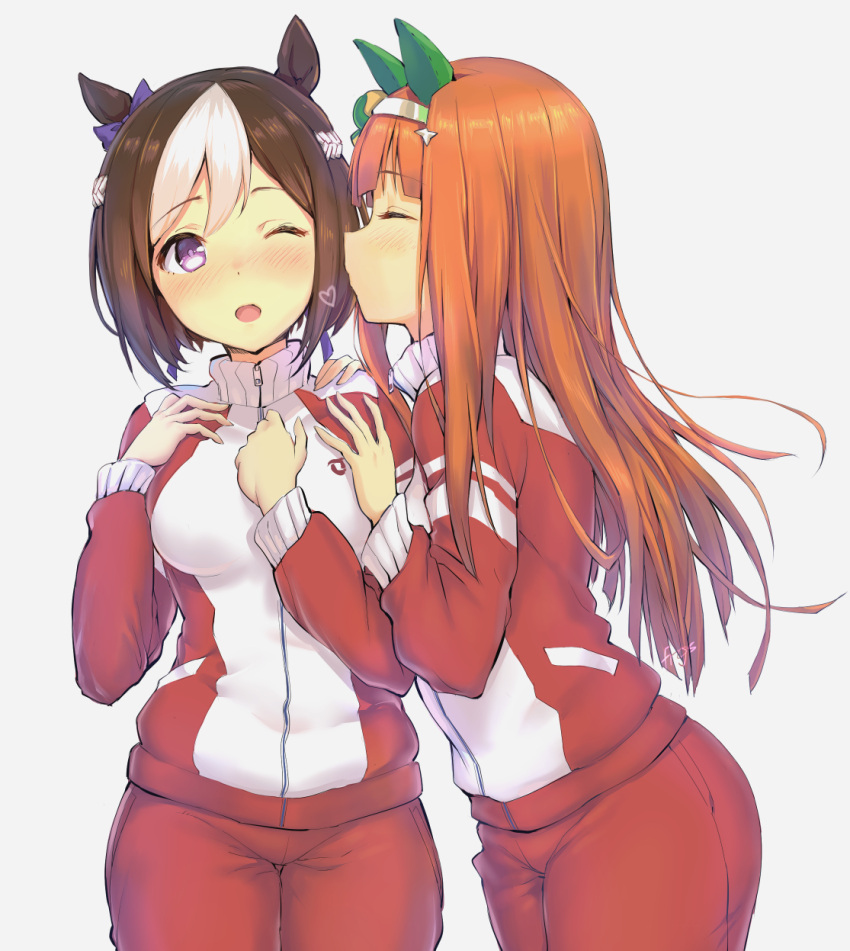 2girls animal_ears artist_name blush bow braid brown_hair cheek_kiss closed_eyes commentary_request cowboy_shot french_braid frgs hair_bow hairband hand_on_another's_shoulder hand_on_own_chest highres horse_ears kiss multicolored_hair multiple_girls nose_blush one_eye_closed orange_hair silence_suzuka special_week track_suit two-tone_hair umamusume white_hair yuri
