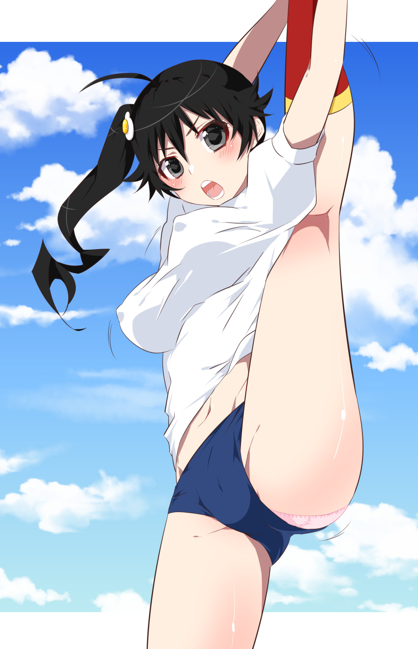 1girl absurdres ahoge araragi_karen bakemonogatari black_eyes black_hair blush breasts buruma clouds covered_nipples food-themed_hair_ornament fried_egg groin hair_ornament highres kakoikaren looking_at_viewer medium_breasts monogatari_(series) open_mouth panties panties_under_buruma panty_peek pink_panties red_legwear shiny shiny_skin shirt side_ponytail sky solo split standing standing_on_one_leg standing_split teeth underwear white_shirt