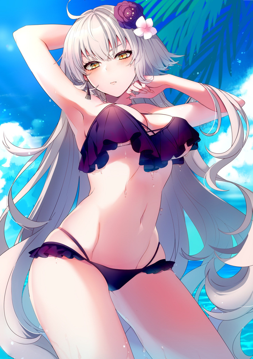 1girl ahoge armpits arms_up bikini blue_sky breasts cleavage commentary_request contrapposto cowboy_shot day earrings fate/grand_order fate_(series) flower hair_flower hair_ornament highres jeanne_d'arc_(alter)_(fate) jeanne_d'arc_(fate)_(all) jewelry long_hair looking_at_viewer medium_breasts multi-strapped_bikini navel neko-san_(dim.dream) outdoors purple_bikini silver_hair sky solo swimsuit under_boob very_long_hair water wet yellow_eyes