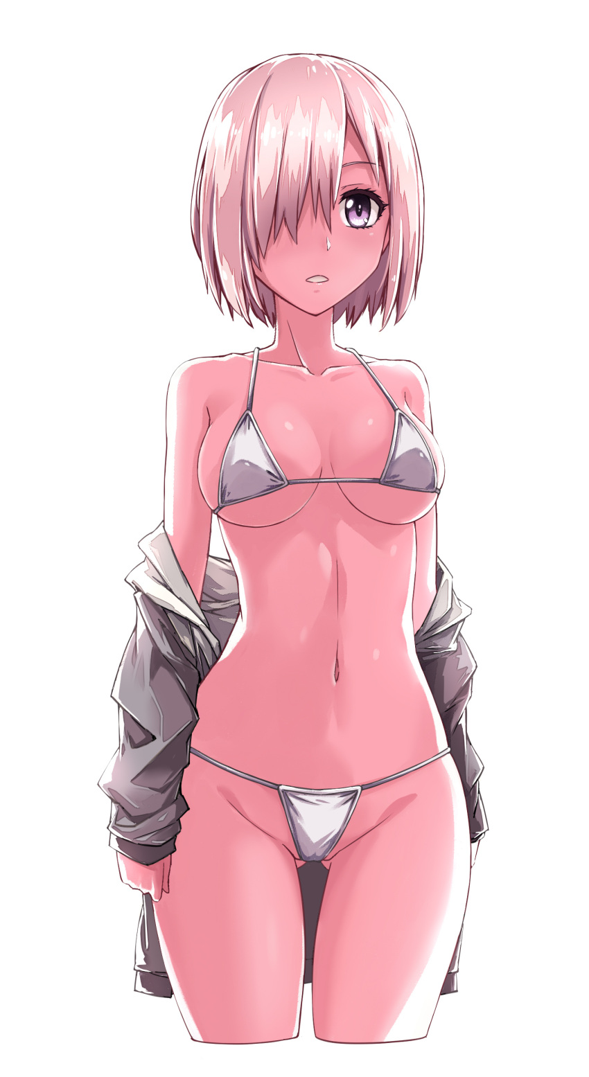 1girl a4typhoon absurdres backlighting bikini breasts cowboy_shot cropped_legs fate/grand_order fate_(series) gluteal_fold hair_over_one_eye halterneck highres jacket looking_at_viewer mash_kyrielight medium_breasts navel off_shoulder open_clothes open_jacket parted_lips pink_hair short_hair simple_background solo string_bikini swimsuit violet_eyes white_background white_bikini