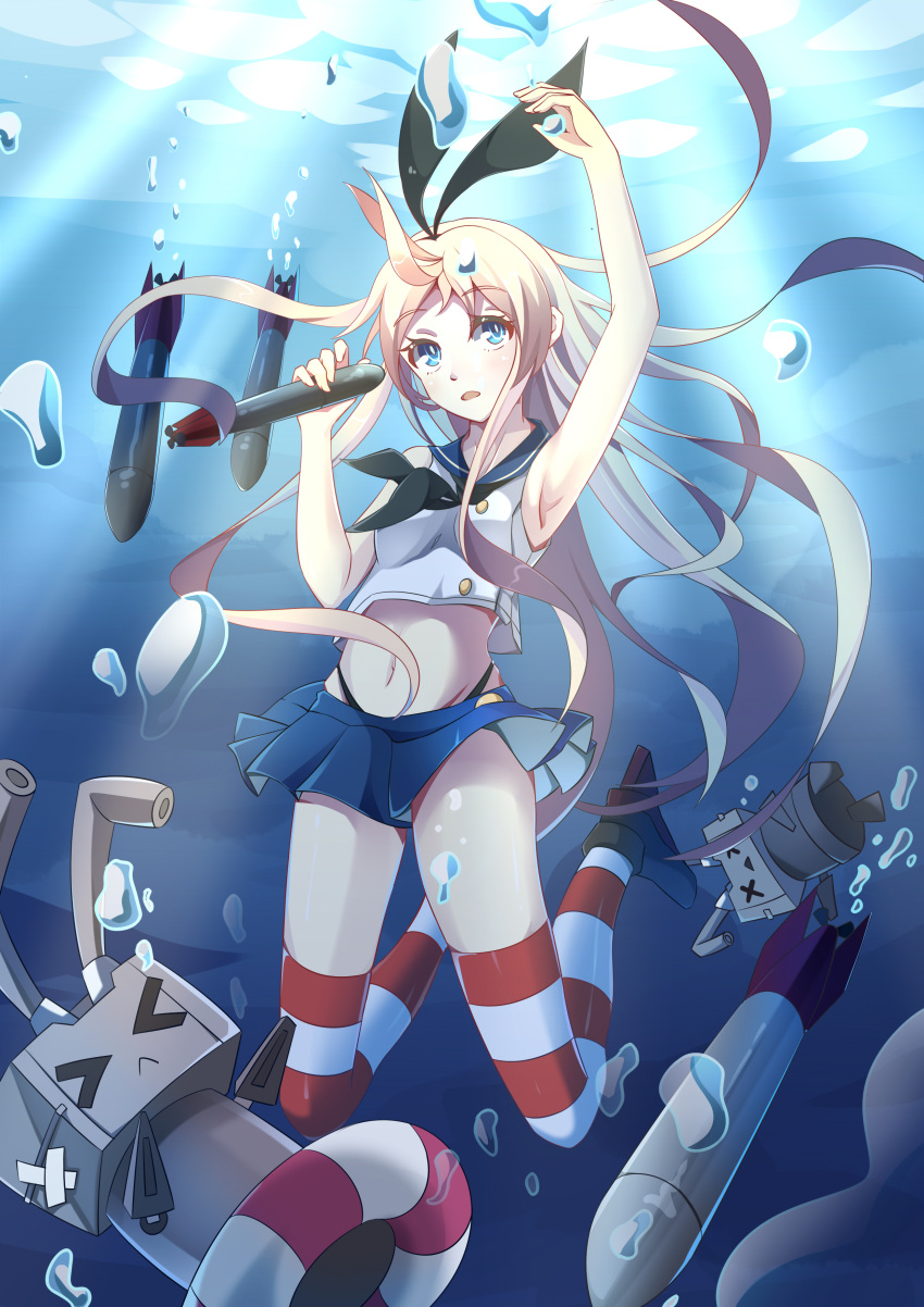 1girl absurdres arm_up armpits black_panties black_ribbon blue_eyes blue_skirt crop_top eyebrows_visible_through_hair floating_hair full_body hair_between_eyes hair_ribbon highleg highleg_panties highres holding kantai_collection long_hair midriff miniskirt navel open_mouth panties pleated_skirt rensouhou-chan ribbon shimakaze_(kantai_collection) si_xia_daze silver_hair skirt solo stomach striped striped_legwear thigh-highs torpedo underwater underwear very_long_hair