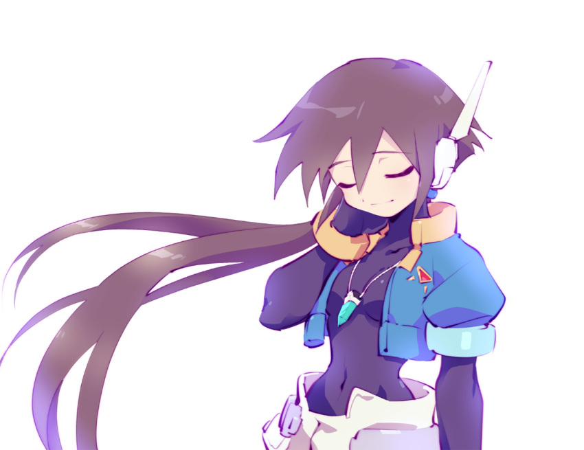 1girl aile bangs blue_jacket bodysuit bracelet breasts brown_hair closed_eyes closed_mouth covered_navel cropped_jacket hair_between_eyes jacket jewelry kon_(kin219) long_hair necklace pendant ponytail puffy_short_sleeves puffy_sleeves robot_ears rockman rockman_zx rockman_zx_advent short_sleeves shorts sidelocks simple_background smile solo spandex white_background