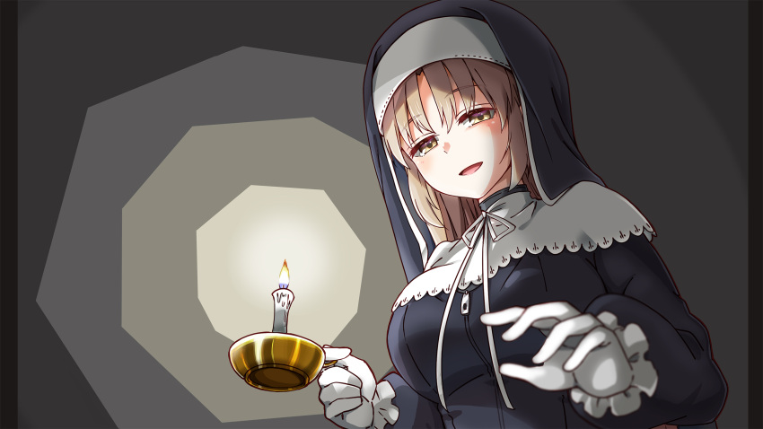 1girl bangs blush breasts candle candlelight eyebrows_visible_through_hair fujita_758634 gloves habit highres large_breasts light_brown_hair long_hair looking_at_viewer nijisanji nun open_mouth sister_cleaire smile solo virtual_youtuber white_gloves yellow_eyes zipper zipper_pull_tab