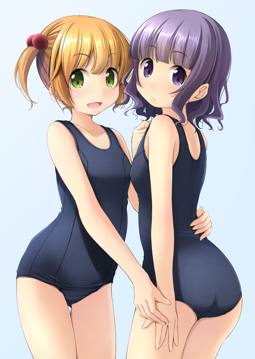 2girls ass blue_background blue_swimsuit bob_cut brown_hair cowboy_shot flat_chest green_eyes hair_bobbles hair_ornament highres looking_at_viewer multiple_girls old_school_swimsuit original purple_hair school_swimsuit shibacha simple_background smile standing swimsuit twintails violet_eyes wavy_hair