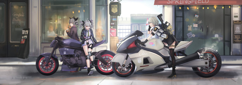 3girls aek-999_(girls_frontline) alternate_costume ammunition_pouch arm_support armband backpack bag bangs belt benghuai_xueyuan black_bow black_footwear black_gloves black_legwear black_ribbon black_skirt blurry boots bow bread breasts bronya_zaychik brown_hair buckle cafe cellphone chalkboard character_name collared_jacket collared_shirt commentary_request day dinergate_(girls_frontline) door drill_hair earrings exhaust eyebrows_visible_through_hair eyes_visible_through_hair food full_body girls_frontline gloves green_neckwear grey_eyes grey_hair grifon&amp;kryuger ground_vehicle gun hair_between_eyes hair_bow hair_ornament hair_ribbon hairclip headphones high_heel_boots high_heels highres holding holding_bag holding_phone jacket jewelry knee_pads kriss_vector leaning_against_motorcycle leg_belt long_hair long_sleeves looking_at_viewer looking_back m1903_springfield_(girls_frontline) menu_board motor_vehicle motorcycle multiple_girls navel necktie open_clothes open_jacket open_mouth outdoors phone pleated_skirt pouch pp-90_(girls_frontline) red_eyes ribbon road shirt shoes shop shopping_district short_hair short_sleeves shorts silver_hair skirt sling small_breasts smartphone solo standing stuffed_animal stuffed_toy submachine_gun suppressor sweater talking_on_phone teddy_bear thigh-highs thigh_strap thighs twin_drills twintails vector_(girls_frontline) weapon white_hair white_shirt xyufsky yellow_eyes