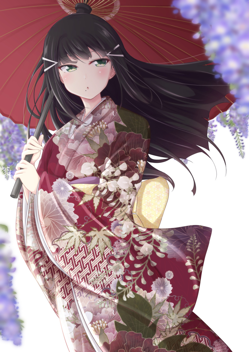 1girl :o back_bow bangs black_hair blurry bow chiro_(bocchiropafe) commentary_request depth_of_field floral_print flower green_eyes hair_ornament hairclip highres holding holding_umbrella japanese_clothes kimono kurosawa_dia light_blush long_hair long_sleeves love_live! love_live!_sunshine!! mole mole_under_mouth oriental_umbrella purple_flower sash solo umbrella wide_sleeves wisteria