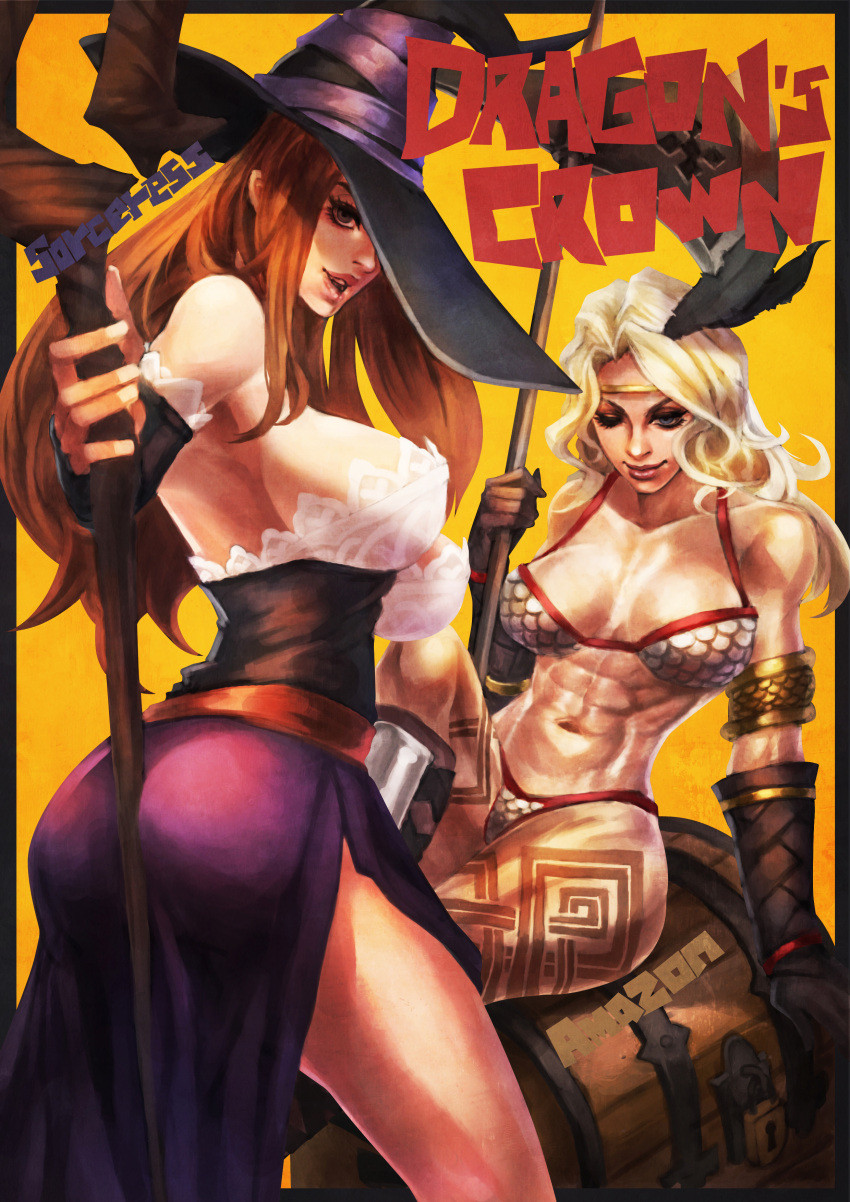 2girls abs absurdres amazon_(dragon's_crown) armor ass between_buttocks bikini_armor black_gloves blonde_hair blue_eyes breasts brown_hair commentary copyright_name detached_sleeves dragon's_crown dress english_commentary eyes gloves hat hat_over_one_eye highres large_breasts leg_tattoo lips long_hair long_skirt looking_at_viewer medium_breasts monori_rogue multiple_girls muscle muscular_female nose one_eye_closed parted_lips side_slit sitting skirt sorceress_(dragon's_crown) staff strapless strapless_dress tattoo treasure_chest witch_hat