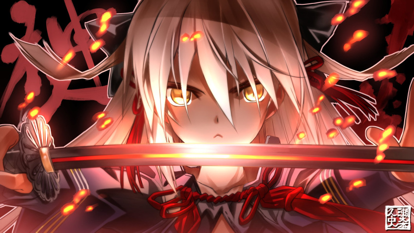 1girl black_bow bow close-up commentary_request dark_skin embers fate/grand_order fate_(series) hair_between_eyes hair_bow highres katana long_hair looking_at_viewer okita_souji_alter_(fate) portrait senomoto_hisashi solo sword tassel tied_hair translation_request weapon white_hair yellow_eyes