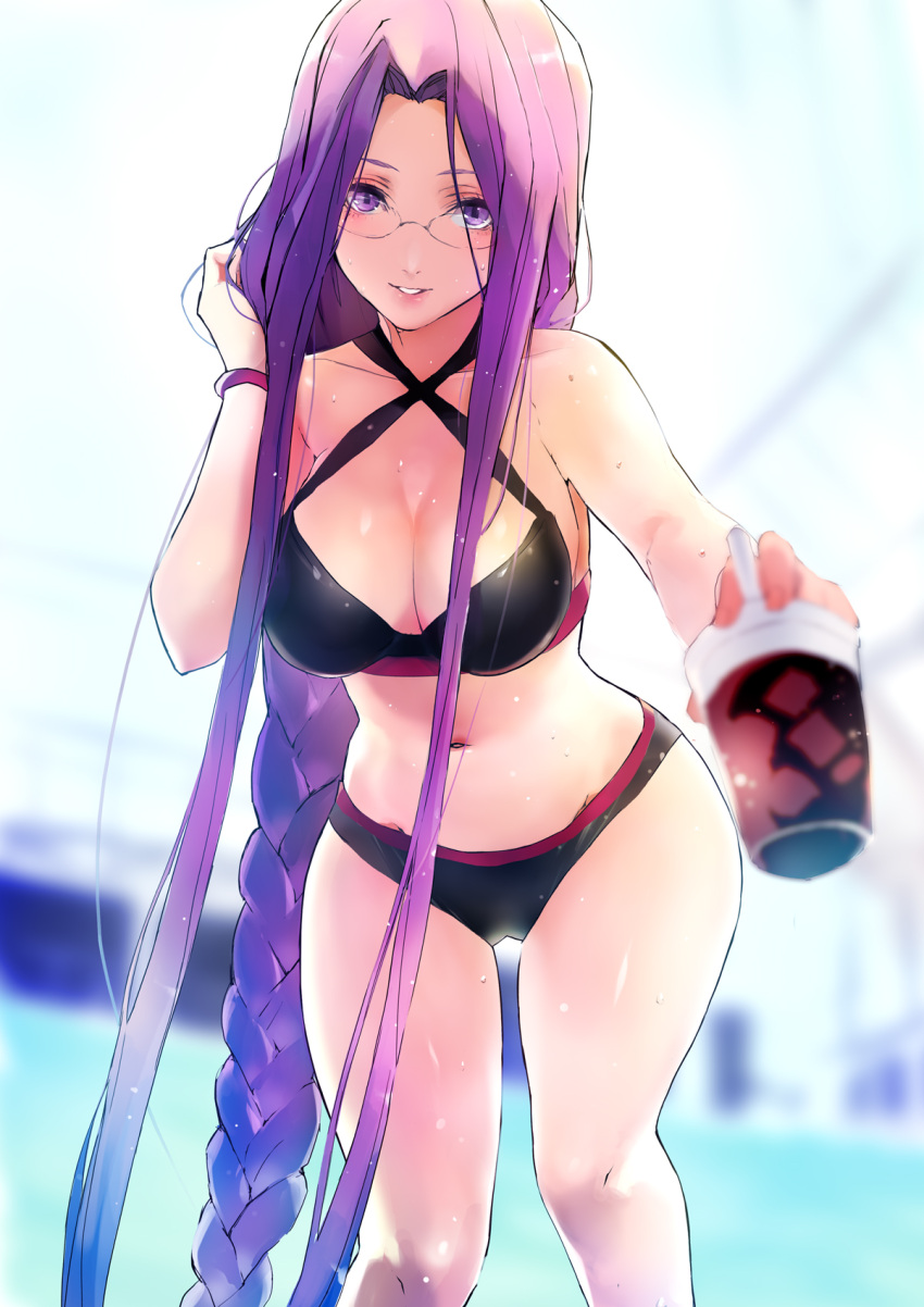 1girl bangs bare_shoulders bikini black_bikini blurry blurry_background bracelet braid breasts cleavage collarbone criss-cross_halter cup emiya-san_chi_no_kyou_no_gohan fate/hollow_ataraxia fate/stay_night fate_(series) halterneck hand_in_hair highres hips holding holding_cup jewelry large_breasts long_braid long_hair looking_at_viewer medusa_(fate)_(all) navel outstretched_arm parted_bangs purple_hair rider single_braid smile solo swimsuit taishi_(picchiridou) thighs very_long_hair violet_eyes waist wet