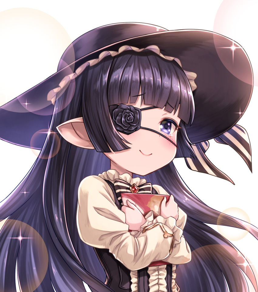 1girl bangs black_dress black_hair black_hat black_ribbon blunt_bangs blush book center_frills closed_mouth commentary_request dress eyebrows_visible_through_hair eyepatch floating_hair frilled_dress frills glint gothic_lolita granblue_fantasy harvin hat hat_ribbon highres holding holding_book juliet_sleeves lolita_fashion long_hair long_sleeves looking_at_viewer lunalu_(granblue_fantasy) object_hug pointy_ears puffy_sleeves ribbon shiny shiny_hair sidelocks simple_background smile solo sparkle striped striped_ribbon tearing_up tomo_(user_hes4085) upper_body violet_eyes white_background white_dress white_ribbon