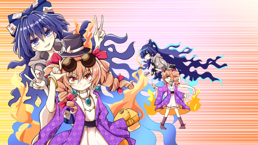2girls aki_chimaki bangs black_hat blue_bow blue_eyes blue_hair bow bowl commentary_request crack double_v drill_hair eyewear_on_head fate/grand_order fate_(series) floating from_side hair_between_eyes hair_bow hat hat_bow hat_ribbon holding holding_bowl jewelry long_hair looking_at_viewer multiple_girls multiple_views open_mouth parody ribbon ring round_eyewear short_sleeves siblings sisters smile sunglasses touhou twin_drills v very_long_hair white_bow white_ribbon yorigami_jo'on yorigami_shion