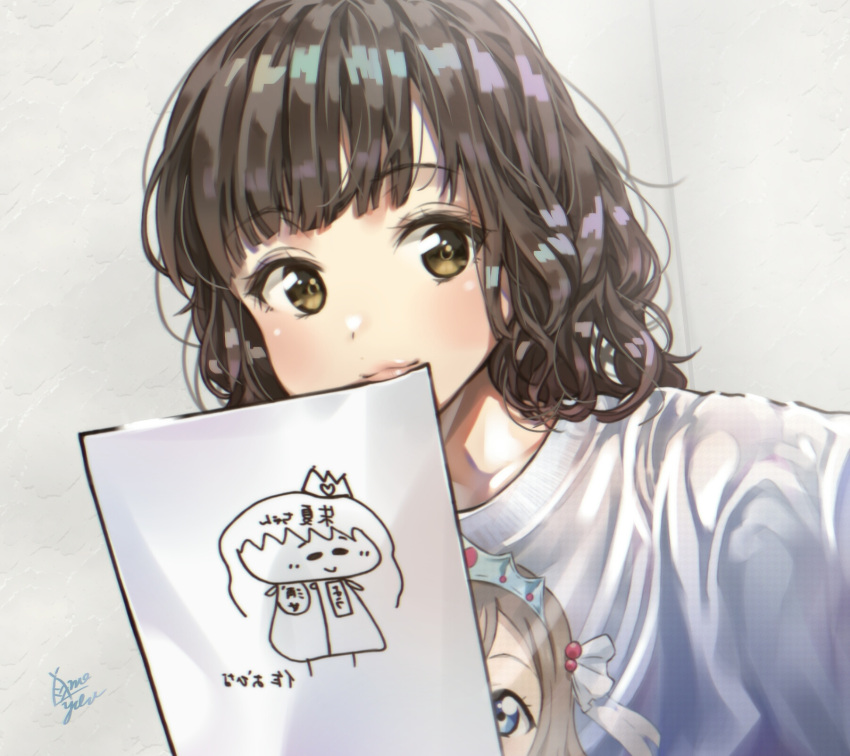 1girl :3 bangs black_hair blue_eyes breasts brown_hair character_print commentary_request drawing eyebrows_visible_through_hair grey_hair highres indoors koi_ni_naritai_aquarium love_live! love_live!_sunshine!! medium_breasts paper photo-referenced print_shirt saitou_shuka seiyuu seiyuu_connection self_shot shirt signature solo takenoko_no_you tiara upper_body watanabe_you wavy_hair white_shirt