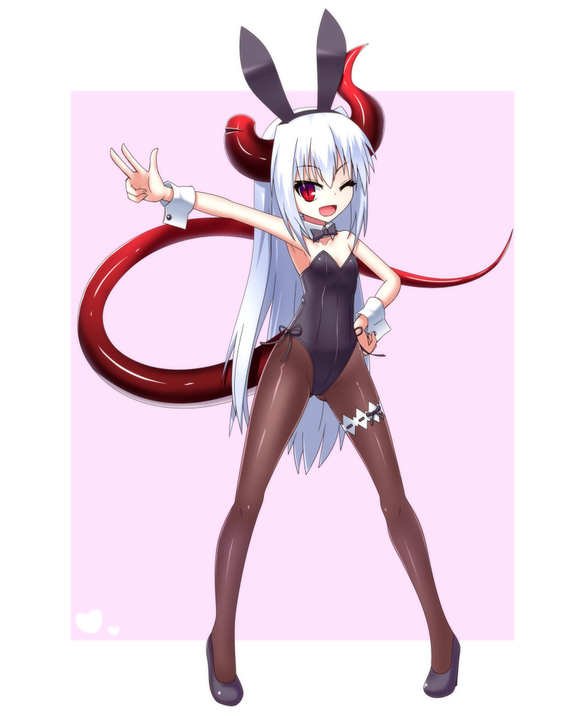 1girl :d absurdres animal_ears black_leotard border bow bowtie breasts broken_horn bunnysuit detached_collar dragon_girl dragon_horns dragon_tail eyebrows_visible_through_hair hand_on_hip high_heels highres horns leotard long_hair one_eye_closed open_mouth original pantyhose pink_background rabbit_ears red_eyes salt_sub slit_pupils small_breasts smile strapless strapless_leotard tail thigh_strap v very_long_hair white_border white_hair wrist_cuffs