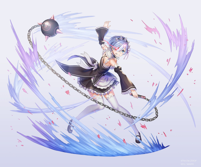 1girl anbe_yoshirou apron ball_and_chain bangs blue_eyes blue_hair breasts clenched_teeth detached_sleeves dress garter_straps glowing glowing_eye gradient gradient_background hair_ornament highres holding maid mary_janes medium_breasts parted_lips re:creators rem_(re:zero) shoes short_hair sleeveless solo spike_ball teeth thigh-highs waist_apron weapon white_legwear x_hair_ornament zettai_ryouiki