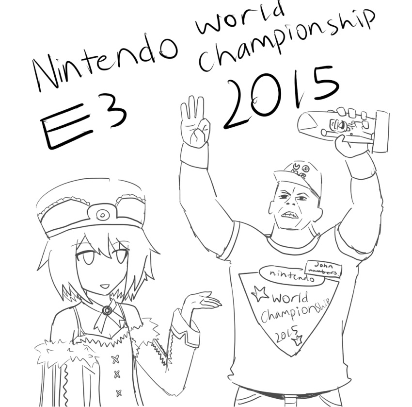 1boy 1girl 2015 blanc drawfag electronic_entertainment_expo greyscale hat john_cena monochrome neptune_(series) nintendo open_mouth parody shirt smile tagme trophy white_background wwe