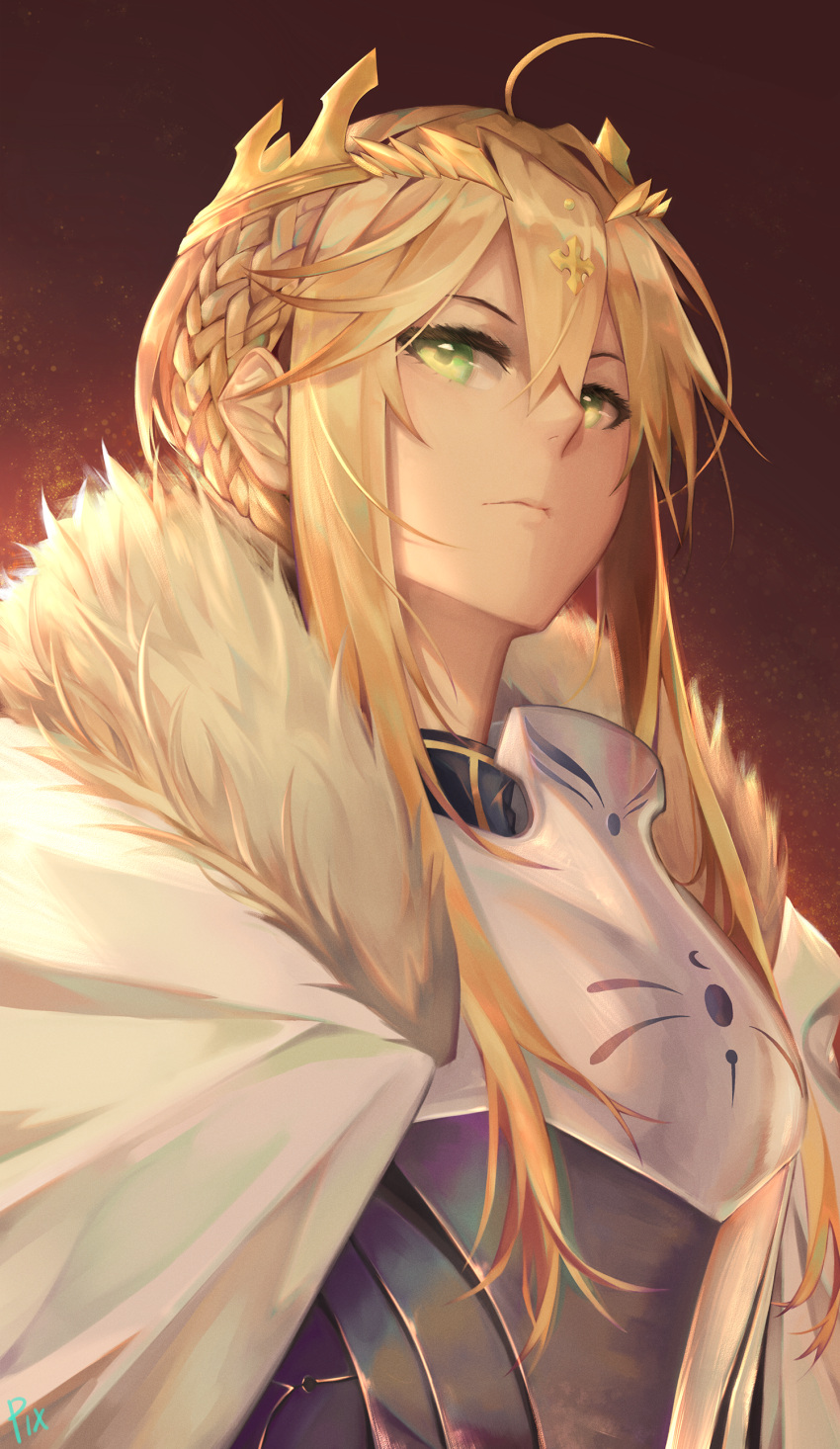 1girl absurdres armor artoria_pendragon_(all) artoria_pendragon_(lancer) blonde_hair cape fate/grand_order fate_(series) from_below fur_trim green_eyes hair_between_eyes highres kamoboko looking_at_viewer short_hair_with_long_locks sidelocks solo upper_body white_cape