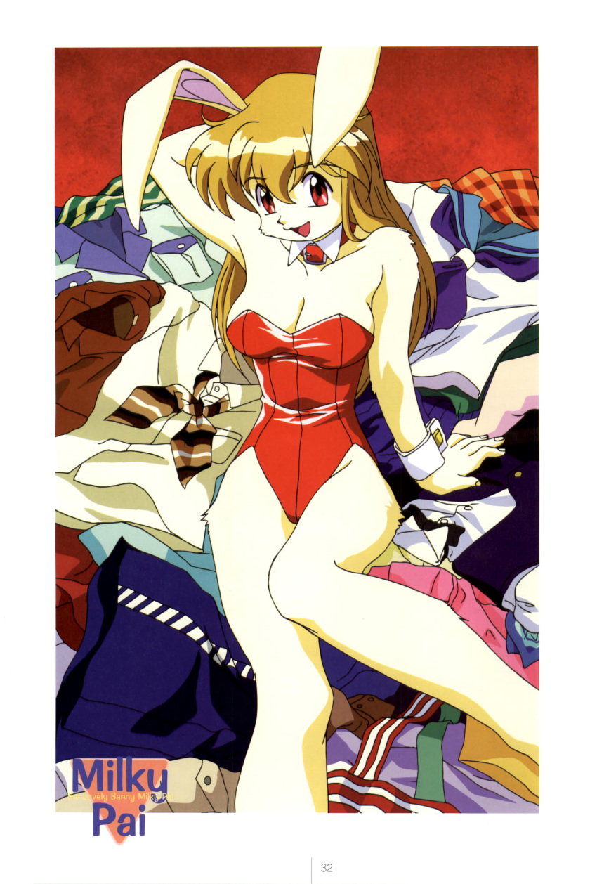 1girl animal_ears arm_up blonde_hair border breasts bunny_girl character_name cleavage detached_collar fur furry hand_behind_head highres idol_janshi_suchie-pai large_breasts leotard long_hair milky-pai official_art open_mouth page_number rabbit_ears red_eyes red_leotard sitting solo sonoda_ken'ichi too_many wrist_cuffs