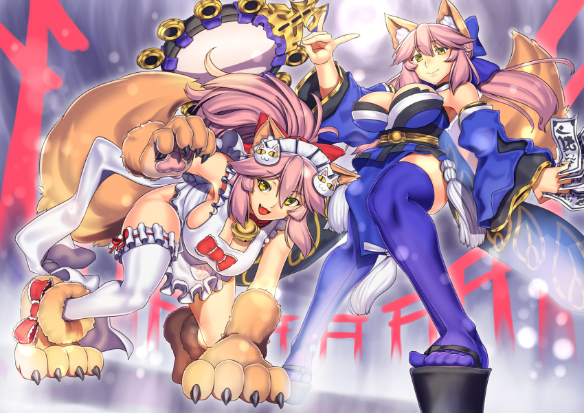 2girls animal_ears apron bare_shoulders bell bell_collar blue_legwear bow breasts cat_hair_ornament cat_paws cleavage collar detached_sleeves dual_persona fangs fate/extra fate/grand_order fate_(series) fox_ears fox_shadow_puppet fox_tail gloves hair_bow hair_ornament hair_ribbon japanese_clothes jingle_bell large_breasts maid_headdress mirror multiple_girls naked_apron paw_gloves paw_shoes paws pink_hair ribbon shoes suiten_nikkou_amaterasu_yanoshisu_ishi tail tamamo_(fate)_(all) tamamo_cat_(fate) tamamo_no_mae_(fate) twintails yellow_eyes yui_sora