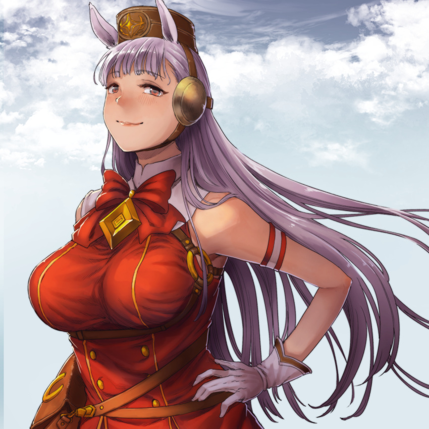 1girl animal_ears armlet bangs bare_shoulders blue_sky blunt_bangs blush bow breasts chiaki_rakutarou closed_mouth clouds cloudy_sky day dress ear_protection eyebrows_visible_through_hair gloves gold_ship hand_on_hip harness hat highres horse_ears large_breasts leather lips long_hair looking_at_viewer outdoors red_eyes silver_hair sky sleeveless sleeveless_dress smile solo standing strap umamusume white_gloves