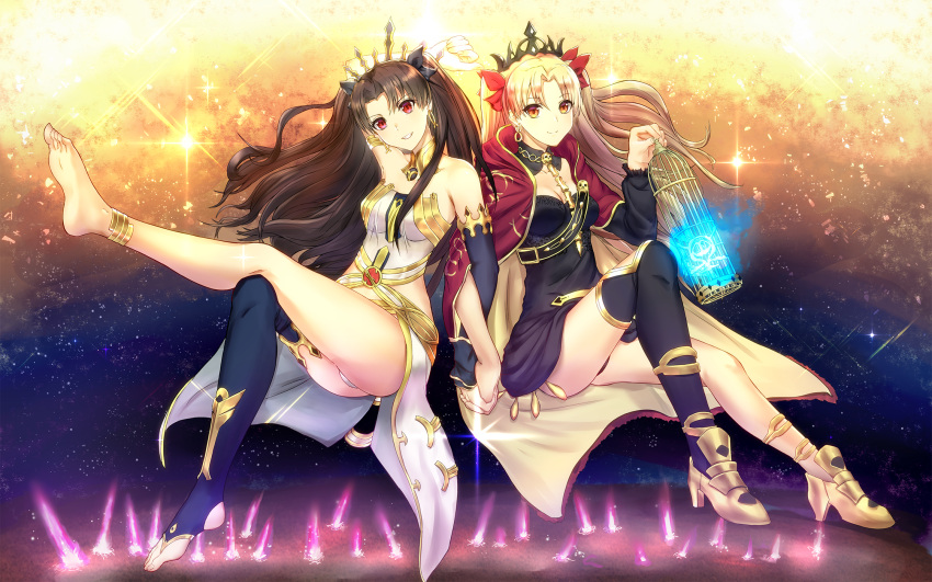 2girls anklet arm_up armored_boots asymmetrical_legwear barefoot birdcage black_dress black_legwear black_panties black_ribbon blonde_hair boots breasts brown_hair cage cape choker cleavage detached_sleeves diadem dress ereshkigal_(fate/grand_order) fate/grand_order fate_(series) floating_hair full_body hair_ribbon hand_holding high_heels highres holding holding_cage ishtar_(fate/grand_order) jewelry legs_crossed long_hair medium_breasts multiple_girls orange_eyes panties parted_lips pixiv_fate/grand_order_contest_2 red_cape red_eyes red_ribbon ribbon short_dress smile suiete thigh-highs underwear very_long_hair white_panties