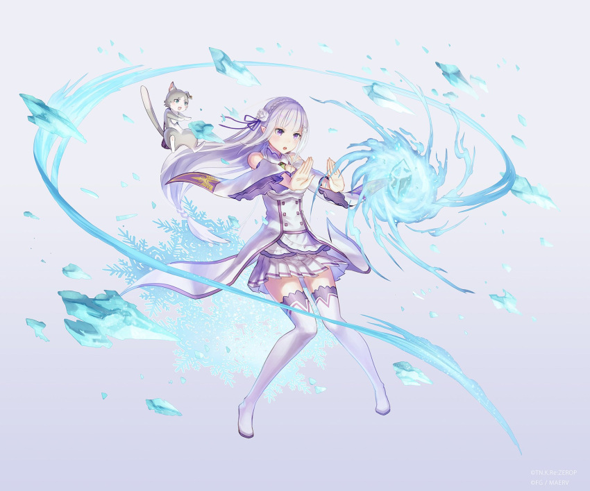 1girl anbe_yoshirou bangs boots braid cat commentary_request crown_braid dress elf emilia_(re:zero) flower french_braid full_body hair_ornament highres ice open_mouth pleated_skirt pointy_ears puck_(re:zero) re:zero_kara_hajimeru_isekai_seikatsu rose silver_hair simple_background skirt sleeveless snowflakes thigh-highs thigh_boots violet_eyes white_flower white_rose wide_sleeves x_hair_ornament zettai_ryouiki