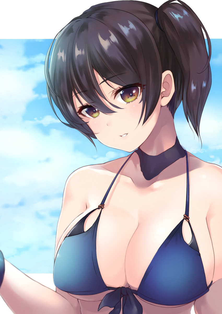 1girl absurdres alternate_costume bangs bikini black_hair blue_bikini blue_choker blue_sky blush breasts brown_eyes choker cleavage clouds collarbone dyson_(edaokunnsaikouya) eyebrows_visible_through_hair front-tie_bikini front-tie_top hair_between_eyes head_tilt highres kaga_(kantai_collection) kantai_collection large_breasts long_hair parted_lips side_ponytail sidelocks sky smile solo swimsuit upper_body wristband