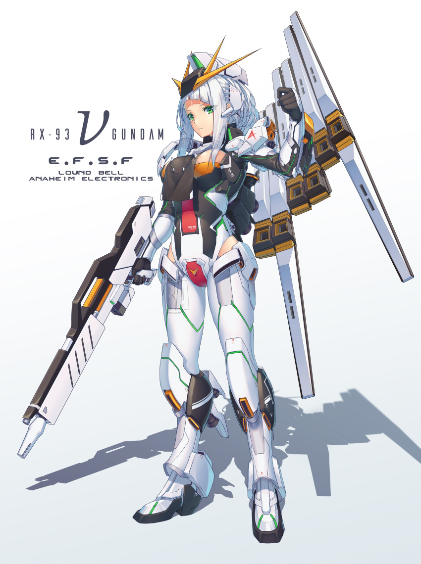 1girl absurdres armored_boots beam_rifle boots char's_counterattack character_name energy_gun eyes_visible_through_hair fin_funnels full_body green_hair gundam highres leotard looking_at_viewer mecha_musume neko7 nu_gundam personification shadow simple_background solo standing thrusters weapon white_background white_hair