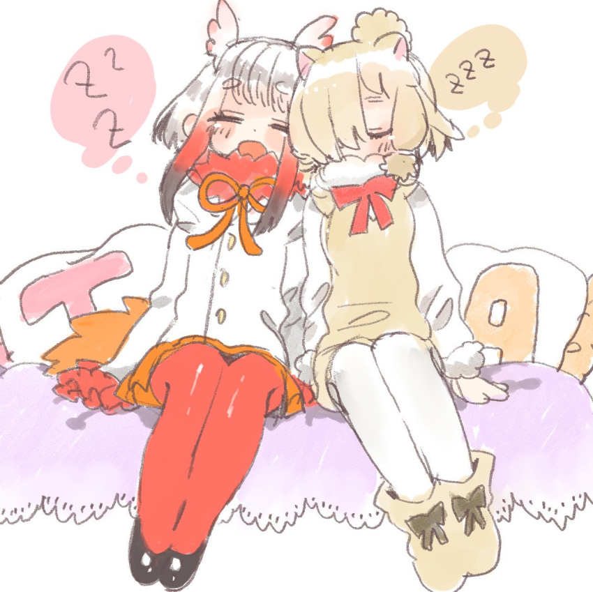 2girls alpaca_ears alpaca_suri_(kemono_friends) animal_ears bird_tail bird_wings black_hair blush closed_eyes frilled_sleeves frills fur_collar fur_trim gradient_hair hair_bun hair_over_one_eye hair_tie head_wings highres ichi001 japanese_crested_ibis_(kemono_friends) kemono_friends long_sleeves multicolored_hair multiple_girls neck_ribbon open_mouth pantyhose pillow pleated_skirt redhead ribbon short_hair shorts sidelocks sitting skirt sleeping sleeping_on_person vest white_hair wings zzz