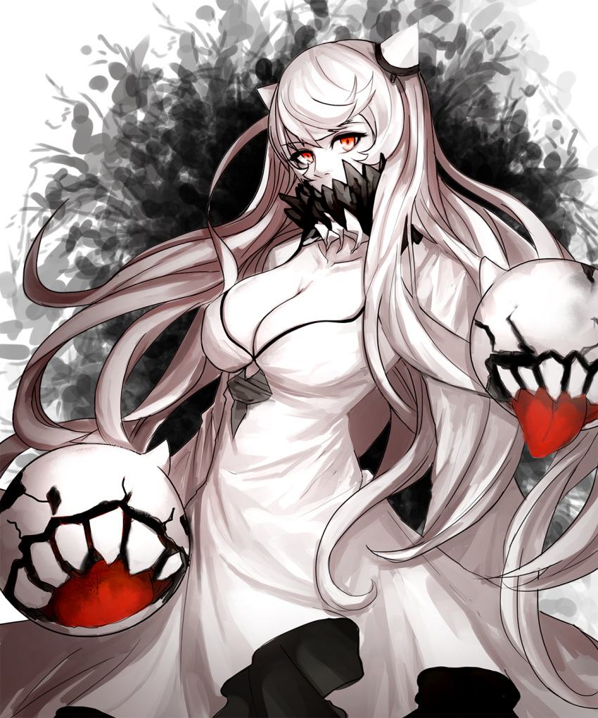 1girl breasts cleavage covered_mouth dress highres horns kantai_collection kibellin large_breasts long_hair looking_at_viewer midway_hime pale_skin red_eyes shinkaisei-kan solo very_long_hair white_dress white_hair white_skin