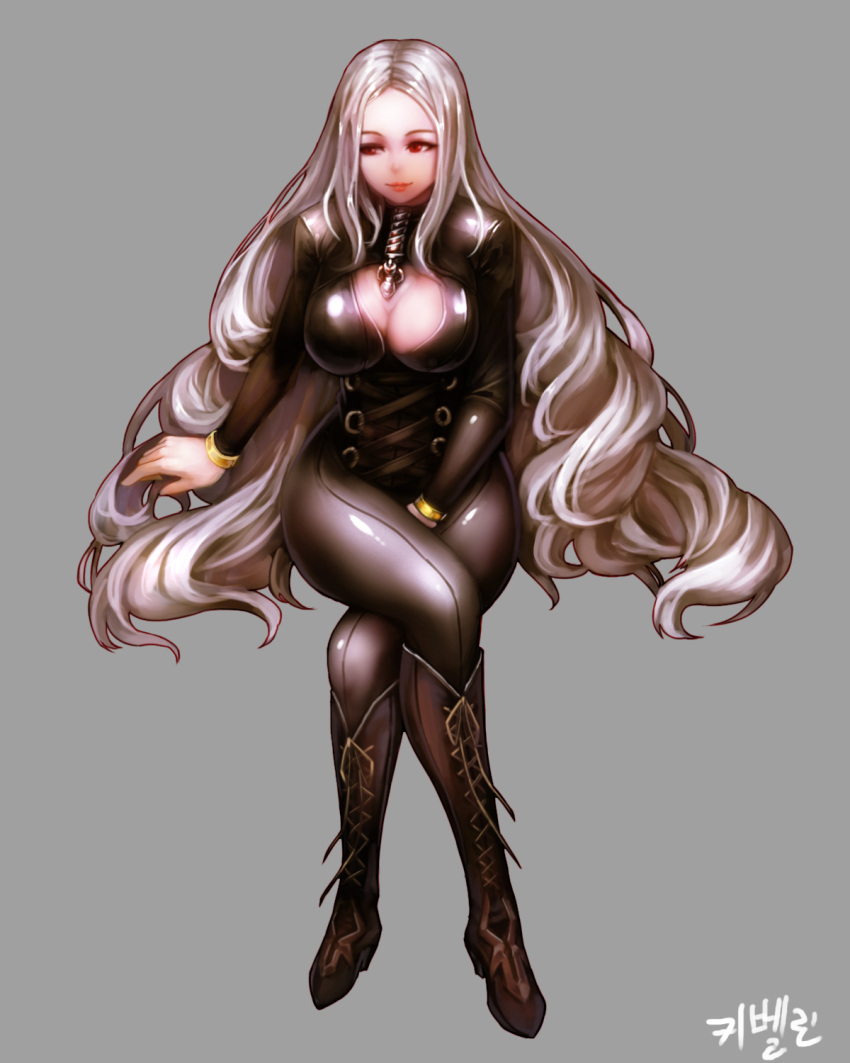 1girl blush bodysuit breasts cleavage cleavage_cutout dungeon_and_fighter highres kibellin large_breasts legs_crossed long_hair looking_at_viewer smile solo white_hair