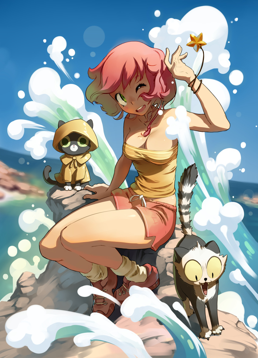 1girl absurdres animal arm_support arm_up bare_arms bare_shoulders bow breasts cat collarbone commentary day english_commentary green_eyes highres legs legs_together looking_at_viewer looking_to_the_side looking_up maliki maliki_(character) medium_breasts necklace_removed ocean one_eye_closed outdoors pink_footwear pink_hair pink_shorts rock shirt short_hair shorts sitting sitting_on_rock sky sleeveless solo star strapless_shirt sunlight surprised thighs water waves wind xavier_houssin yellow_legwear yellow_shirt