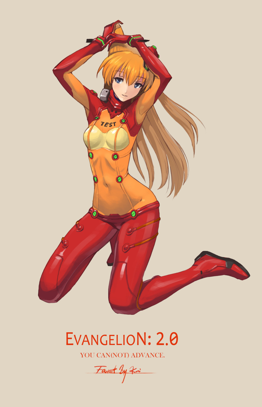 1girl absurdres bodysuit breasts copyright_name covered_navel evangelion:_2.0_you_can_(not)_advance floating_hair full_body grey_background groin highres kai1up kneeling long_hair neon_genesis_evangelion orange_hair parted_lips plugsuit rebuild_of_evangelion simple_background small_breasts smile solo souryuu_asuka_langley very_long_hair