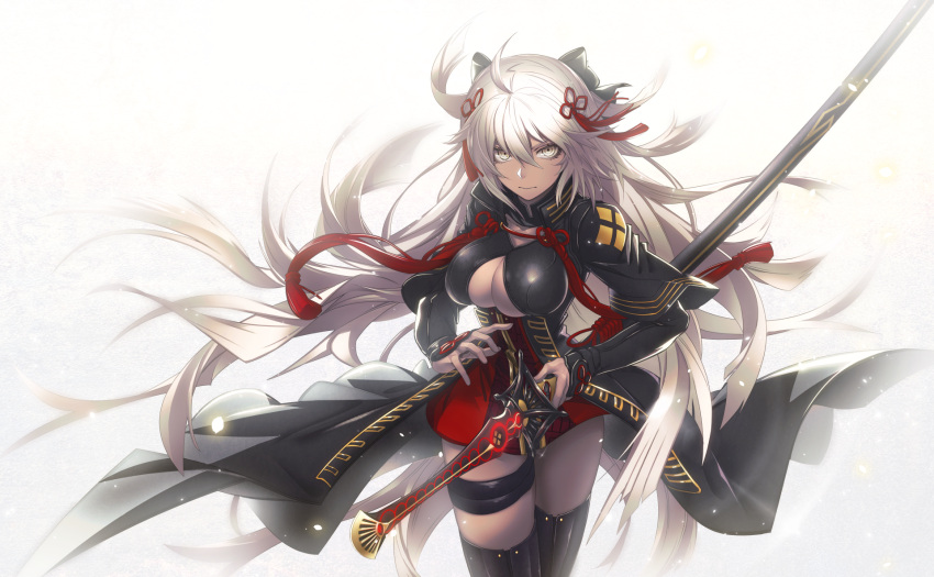 1girl ahoge arikanrobo arm_guards bangs battoujutsu_stance black_bow black_coat black_footwear boots bow breasts closed_mouth coat collarbone commentary_request dark_skin dress family_crest fate_(series) fighting_stance floating_hair hair_between_eyes hair_bow hair_ornament high_collar highres holding holding_sheath koha-ace large_breasts light_particles long_hair looking_at_viewer okita_souji_(fate) okita_souji_alter_(fate) ootachi open_clothes open_coat red_dress serious sheath short_dress short_sleeves silver_hair solo standing tassel thigh-highs thigh_boots thigh_strap tied_hair v-shaped_eyes very_long_hair white_background white_eyes wind