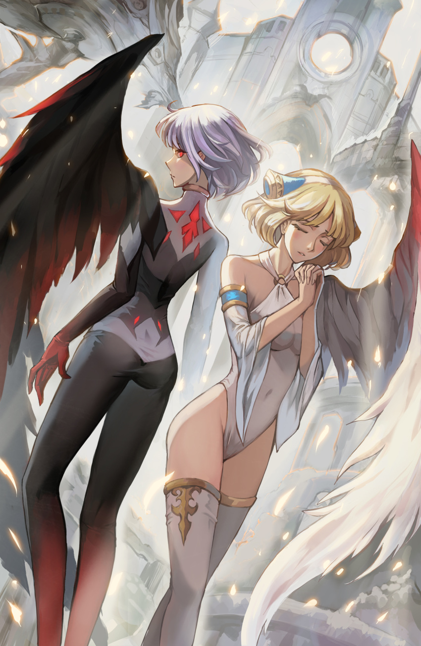 2girls absurdres black_wings blonde_hair blush bodysuit breasts closed_eyes covered_navel detached_sleeves feathered_wings gloves groin hairband halterneck hands_clasped highleg highleg_leotard highres kai1up leotard looking_back medium_breasts multiple_girls original outdoors own_hands_together parted_lips red_eyes red_gloves short_hair silver_hair single_wing standing thigh-highs white_hairband white_legwear white_leotard white_wings wings