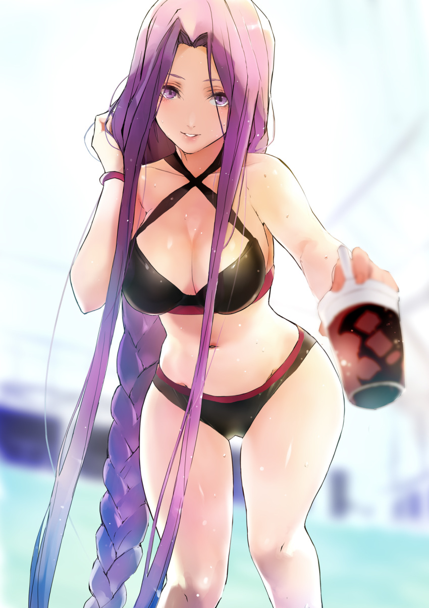 1girl bangs bare_shoulders bikini black_bikini blurry blurry_background bracelet braid breasts cleavage collarbone criss-cross_halter cup emiya-san_chi_no_kyou_no_gohan fate/hollow_ataraxia fate/stay_night fate_(series) halterneck hand_in_hair highres hips holding holding_cup jewelry large_breasts long_braid long_hair looking_at_viewer medusa_(fate)_(all) navel outstretched_arm parted_bangs purple_hair rider single_braid smile solo swimsuit taishi_(picchiridou) thighs very_long_hair violet_eyes waist wet