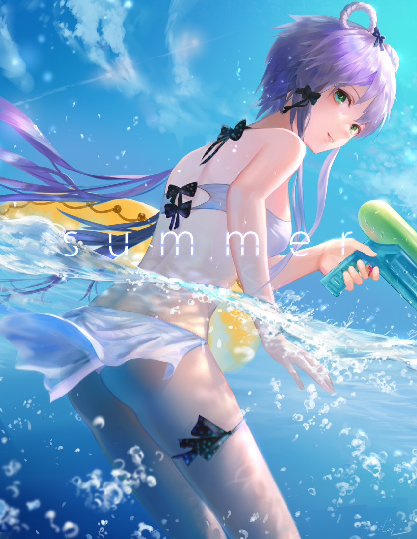 1girl absurdres bikini bikini_skirt black_bow blue_sky bow breasts day floating_hair from_behind green_eyes gun hair_bow highres holding holding_gun holding_weapon leiq long_hair looking_back luo_tianyi medium_breasts outdoors parted_lips partially_submerged purple_hair ribbon sideboob sky smile solo swimsuit thigh_ribbon very_long_hair vocaloid vocanese water_gun weapon white_bikini