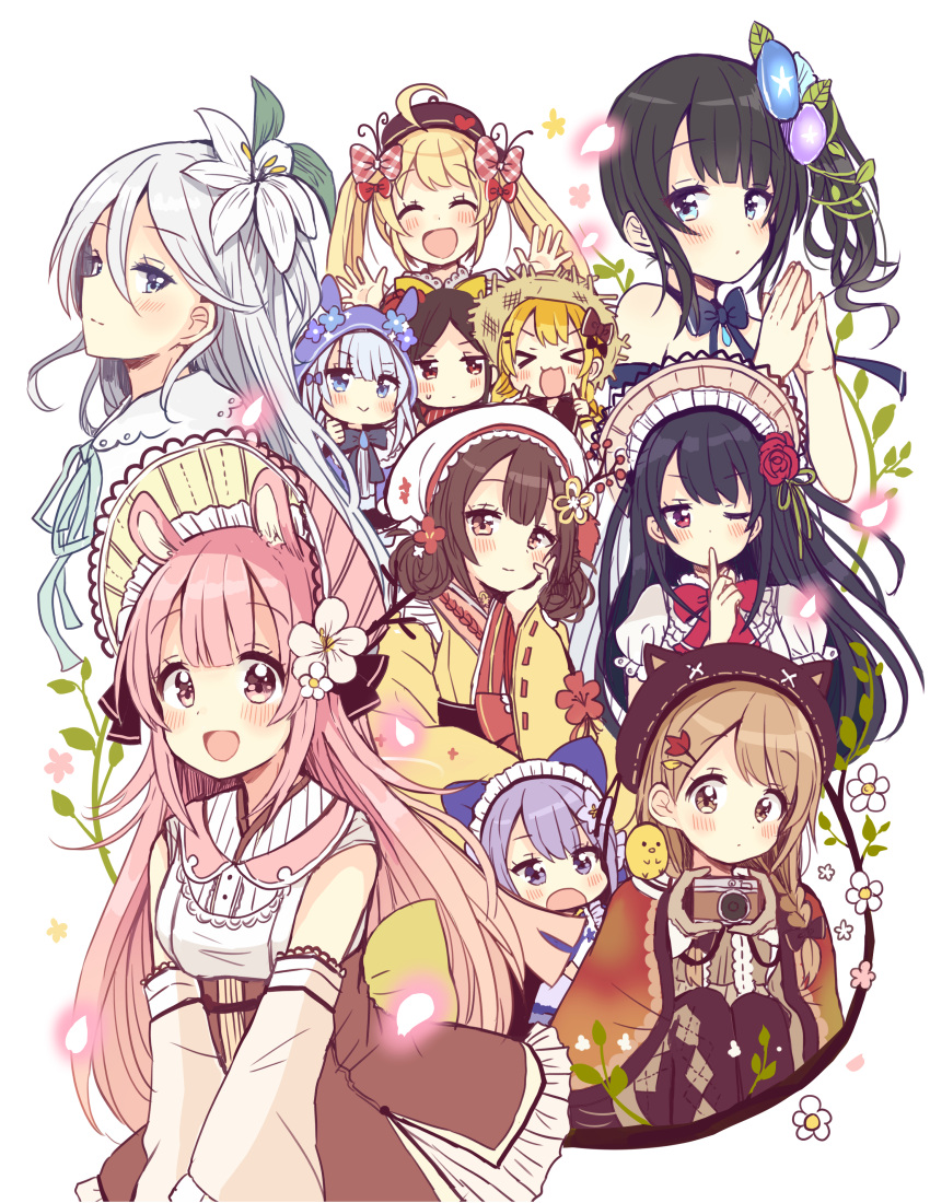 &gt;_&lt; 6+girls :3 :d ^_^ absurdres ahoge animal_ears animal_hood argyle argyle_legwear bangs beret bird black_hair blonde_hair blue_eyes blue_neckwear blush bonnet bow bowtie braid brown_eyes bunny_hood capelet cat_ears cat_hood chick closed_eyes detached_sleeves double_bun finger_to_mouth flower hair_bow hair_flower hair_ornament hair_vines hand_on_own_cheek hands_together hands_up hat heart high-waist_skirt highres hood japanese_clothes kimono lily_(flower) long_hair looking_at_viewer morning_glory multiple_girls neck_ribbon one_eye_closed open_mouth original pantyhose petals pink_bow pink_eyes pink_hair plaid plaid_bow purple_hair rabbit_ears red_bow red_flower red_neckwear red_rose ribbon ribbon-trimmed_sleeves ribbon_trim rose sakura_oriko side_ponytail silver_hair skirt smile straw_hat twin_braids twintails white_hair xd