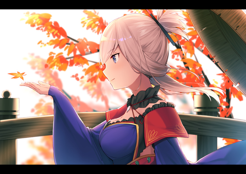 1girl asymmetrical_hair autumn_leaves breasts cleavage closed_mouth eyebrows_visible_through_hair fate/grand_order fate_(series) half_updo halterneck hand_up hat hat_removed headwear_removed japanese_clothes letterboxed long_hair long_sleeves magatama medium_breasts miyamoto_musashi_(fate/grand_order) pink_hair sleeves_past_wrists smile solo tree upper_body violet_eyes wide_sleeves yukarite