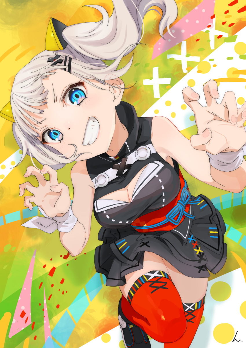 1girl black_dress blue_eyes claw_pose cleavage_cutout dress hair_ornament hairclip highres himaro kaguya_luna kaguya_luna_(character) obi red_legwear ribbon sash silver_hair sleeveless sleeveless_dress smile solo thigh-highs twintails virtual_youtuber wrist_ribbon