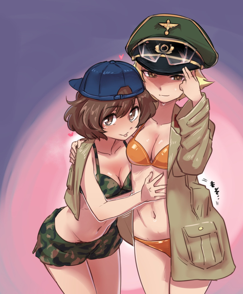 2girls akiyama_yukari aomushi_(mushamusha) bikini blonde_hair blush brown_eyes camouflage camouflage_pants erwin_(girls_und_panzer) girls_und_panzer hat heart highres jacket midriff military_hat multiple_girls navel pants peaked_cap short_hair sweat swimsuit