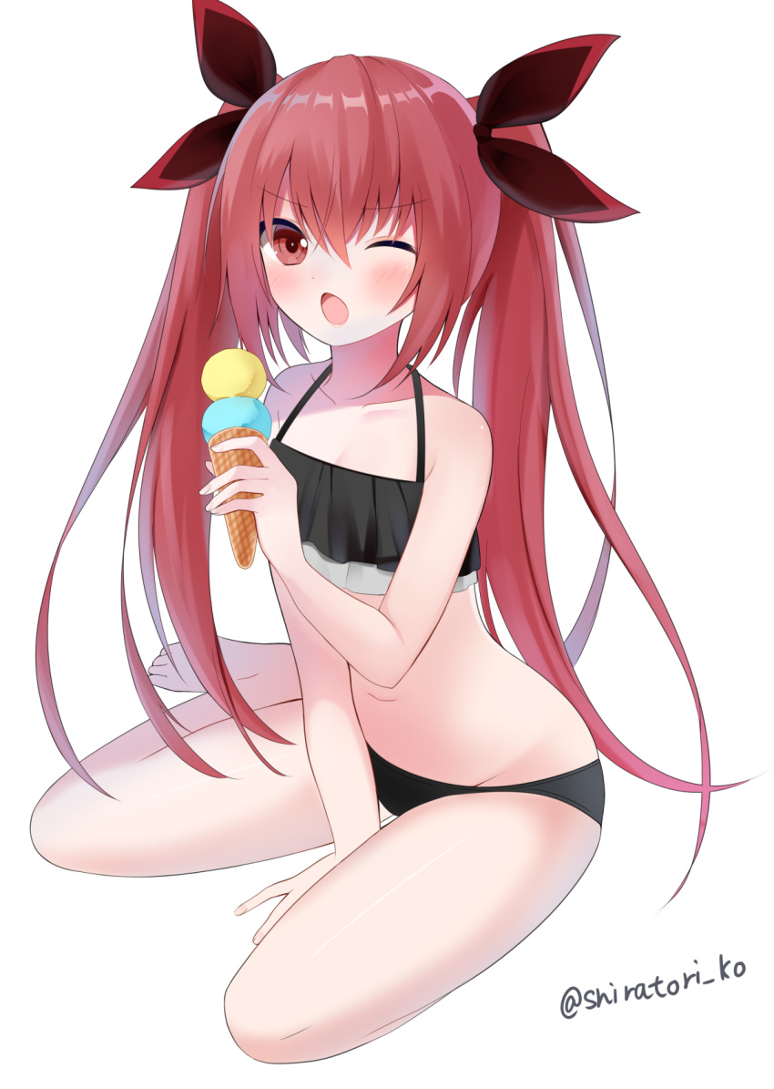 1girl ;o arm_support between_legs bikini black_bikini blush breasts cleavage collarbone commentary_request date_a_live eating food frilled_bikini_top full_body hair_ribbon hand_between_legs highres holding holding_food ice_cream itsuka_kotori looking_at_viewer navel one_eye_closed red_eyes redhead ribbon seiza shiratoriko simple_background sitting small_breasts solo swimsuit thighs twintails white_background