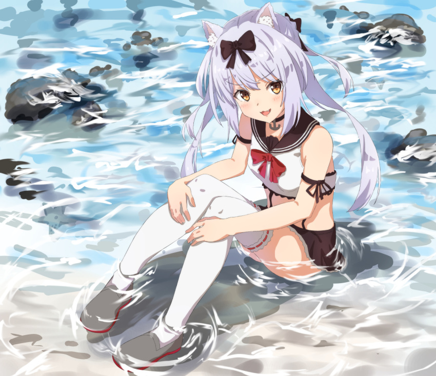 1girl anchor_necklace animal_ears anime_coloring azur_lane bow breasts collar dog_ears edmond_suzuki fang full_body hair_bow hands_on_own_knees highres knees_up long_hair looking_at_viewer midriff miniskirt open_mouth orange_eyes partially_submerged sailor_collar shoes silver_hair sitting skirt small_breasts solo thigh-highs water white_legwear yukikaze_(azur_lane) zettai_ryouiki