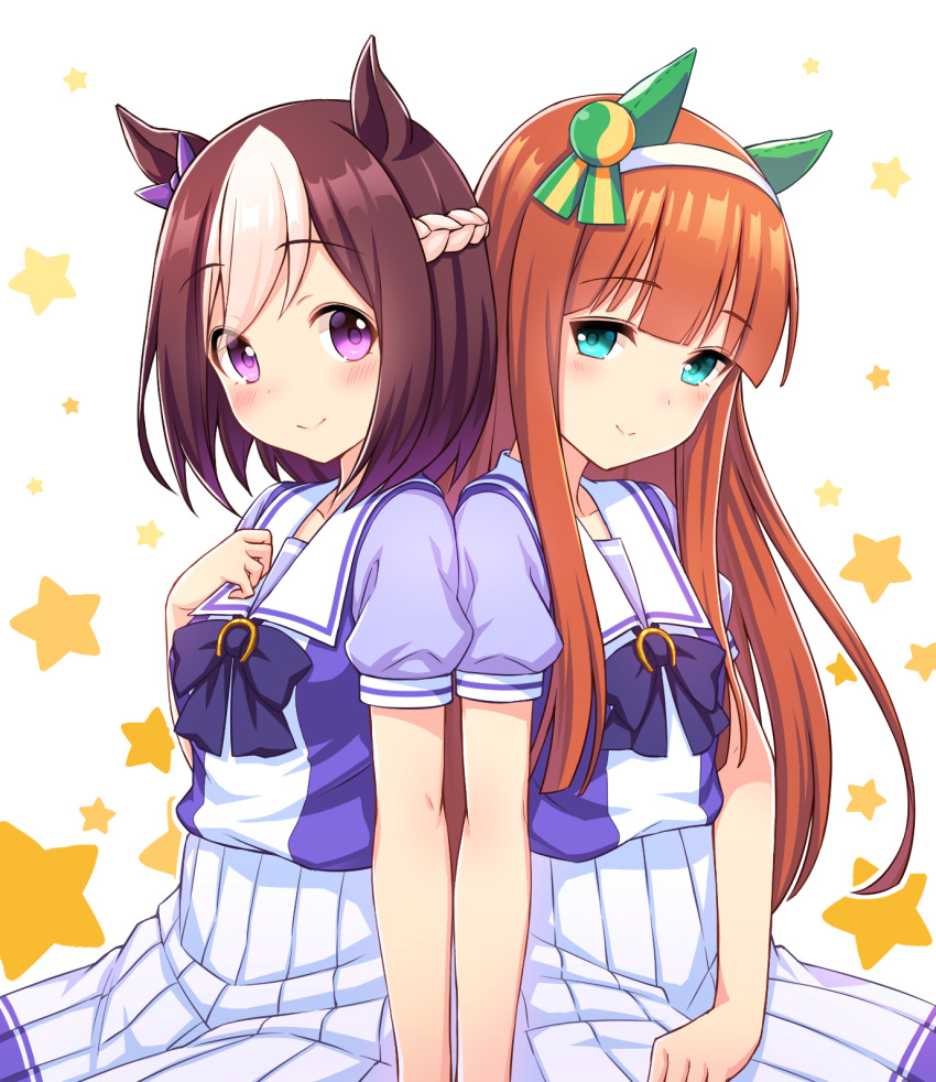 2girls animal_ears back-to-back bangs blunt_bangs blush bow bowtie braid brown_hair closed_mouth collarbone ear_covers eyebrows_visible_through_hair eyes_visible_through_hair french_braid green_eyes hair_bow hairband half-closed_eyes hand_on_own_chest hand_up head_tilt high-waist_skirt highres horse_ears long_hair looking_at_viewer looking_to_the_side multicolored_hair multiple_girls orange_hair pleated_skirt puffy_short_sleeves puffy_sleeves purple_bow purple_neckwear school_uniform shiny shiny_hair short_hair short_sleeves sidelocks silence_suzuka sitting skirt smile special_week star starry_background straight_hair tareme tomo_(user_hes4085) two-tone_hair umamusume violet_eyes white_background white_hair white_hairband white_skirt
