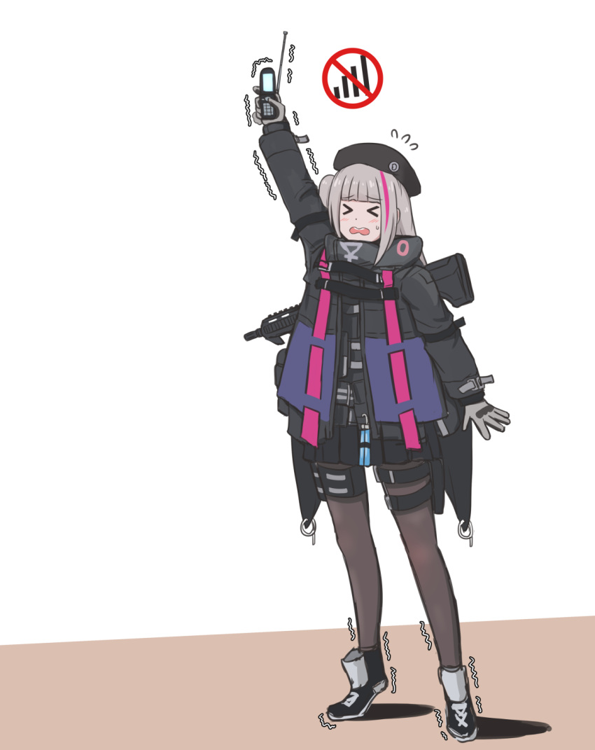 &gt;_&lt; 1girl antennae bangs beret black_gloves black_hat black_jacket black_legwear black_skirt cellphone desert_tech_mdr dot_nose eyebrows_visible_through_hair flip_phone girls_frontline gloves graphite_(medium) grey_gloves grey_hair gun hat highres jacket long_hair long_sleeves mdr_(girls_frontline) mechanical_pencil multicolored_hair one_side_up open_mouth pantyhose pencil phone phone_screen pink_hair selby side_ponytail sidelocks signal_bar skirt solo strap streaked_hair sweatdrop tactical_clothes thigh_pouch tiptoes traditional_media trembling upper_teeth weapon