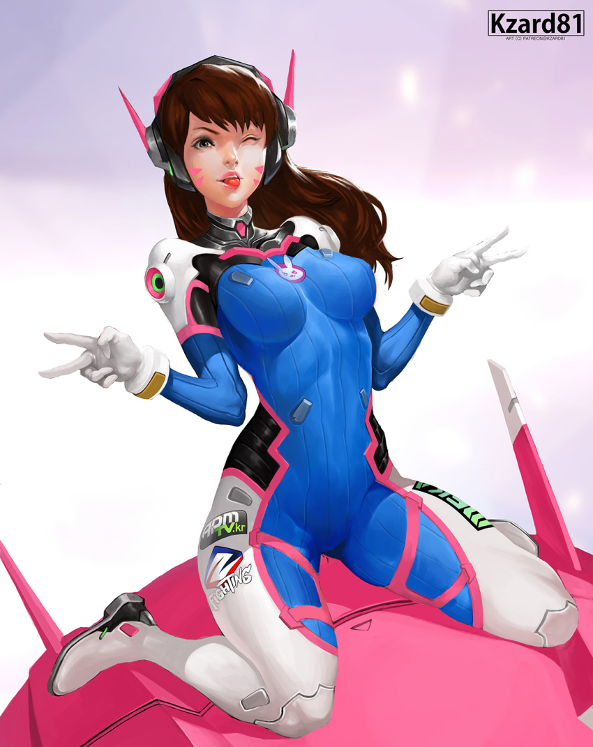 1girl acronym animal_print bangs blue_bodysuit bodysuit breasts brown_eyes brown_hair bunny_print clothes_writing d.va_(overwatch) double_v facepaint facial_mark full_body headphones high_collar highres kzard81 long_hair looking_at_viewer mecha medium_breasts meka_(overwatch) nose one_eye_closed open_mouth overwatch patreon_username pilot_suit pink_lips purple_background ribbed_bodysuit shoulder_pads sitting sitting_on_object skin_tight solo swept_bangs tongue tongue_out upper_teeth v wariza whisker_markings white_background