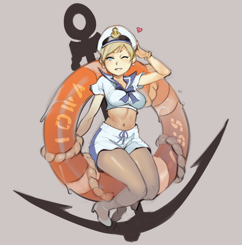 1girl absurdres anchor ankle_boots blonde_hair blue_eyes boots breasts character_request commission copyright_request crop_top earrings full_body grey_background hat highres jewelry lifebuoy medium_breasts midriff navel norasuko one_eye_closed peaked_cap sailor_collar short_hair shorts sitting solo