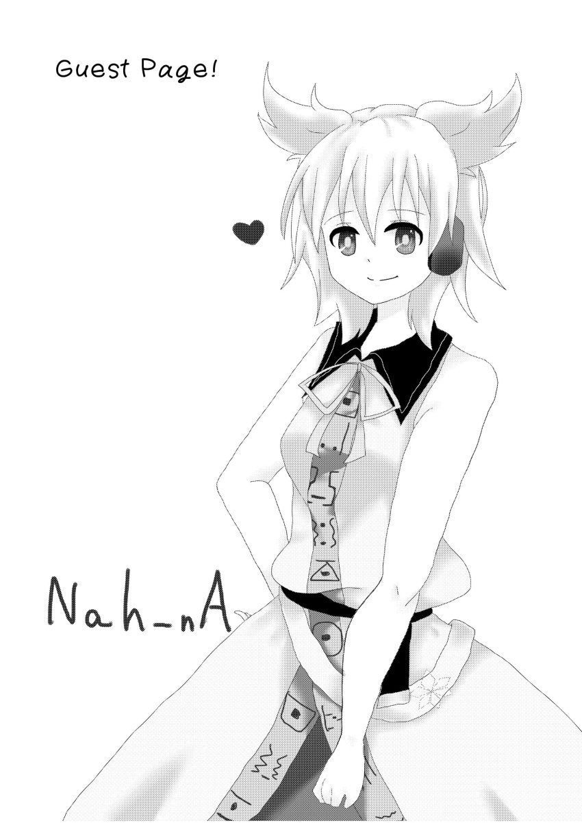 1girl absurdres comic earmuffs greyscale highres monochrome nah-na pointy_hair shirt short_hair skirt sleeveless sleeveless_shirt touhou toyosatomimi_no_miko