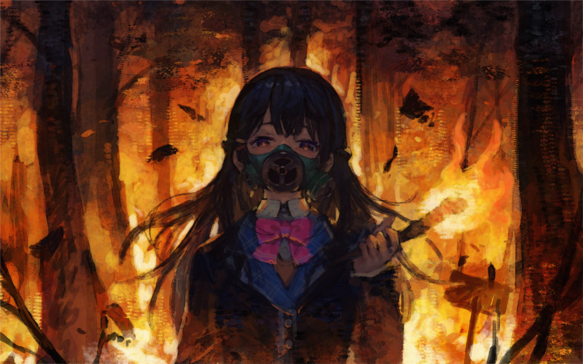 1girl arm_at_side arm_up bangs benitama black_hair black_jacket bow bowtie colored commentary fire gas_mask holding holding_torch jacket long_hair long_sleeves looking_at_viewer nijisanji pink_neckwear solo torch tsukino_mito virtual_youtuber white_collar wing_collar