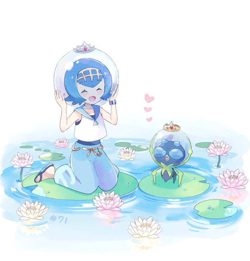 1girl ^_^ ^o^ arms_up bangs blue_hair blue_pants blush bubble closed_eyes collarbone commentary crown dewpider eyebrows_visible_through_hair facing_viewer flower full_body gen_7_pokemon hairband heart helmet highres kneeling lily_(flower) lily_pad mei_(maysroom) open_mouth pants pokemon pokemon_(anime) pokemon_(creature) pokemon_sm_(anime) ripples sailor_collar sandals shirt short_hair simple_background sleeveless sleeveless_shirt smile suiren_(pokemon) swimsuit swimsuit_under_clothes trial_captain water water_drop white_background white_shirt z-ring